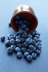 Blueberry on ceramic background. Ripe and juicy fresh picked blueberries closeup