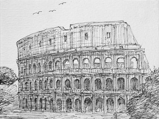 Roman cityscape of the Colosseum painted by ink
