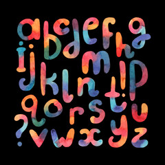 Large hand drawn watercolor font. Abc letters sequence from A to Z. Lowercase freehand letters in reonded plump shapes, drawn with ink and brush in gradient style on black background