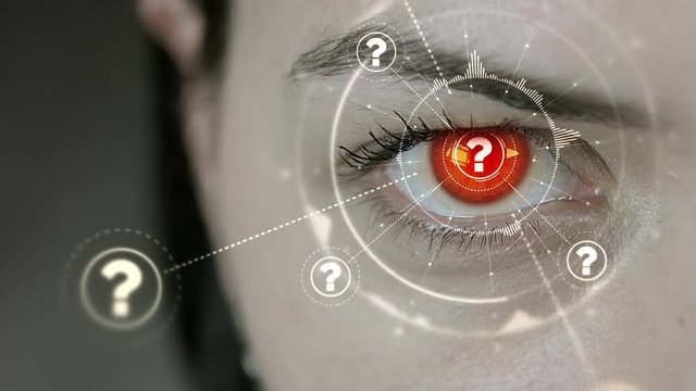 Young cyborg female blinks then question mark symbols appears. 4K+ 3D animation concept.