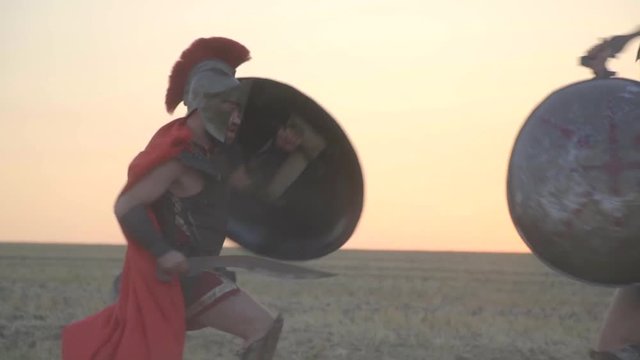 A beautiful battle of two legionaries in armor with shields and swords in the field against the backdrop of dawn