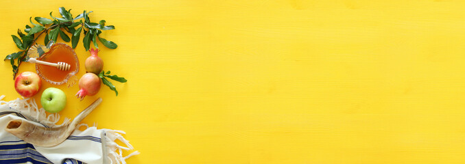 Rosh hashanah (jewish New Year holiday) concept. Traditional symbols