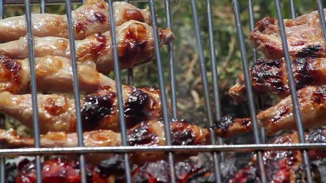 Detalle de Muslos de Codorniz as&aacute;ndose en la brasa de la parrilla al aire libre