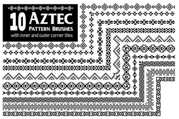 Aztec vector pattern brushes with inner and outer corner tiles. Perfect for creating design elements, tribal geometric ornament, frames, borders and more. All used brushes included in brush palette.
