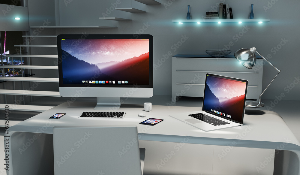 Poster Modern dark desk office interior with computer and devices 3D rendering