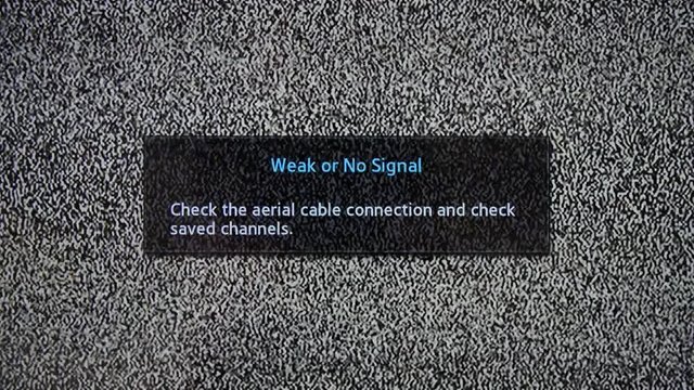Weak or No Signal inscription on television screen with noise. English.