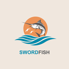 Obraz premium icon of swordfish with waves for fishing design