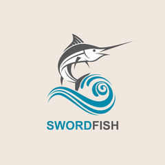 Naklejka premium icon of swordfish with waves for fishing design