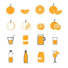 orange and juice icons set vector