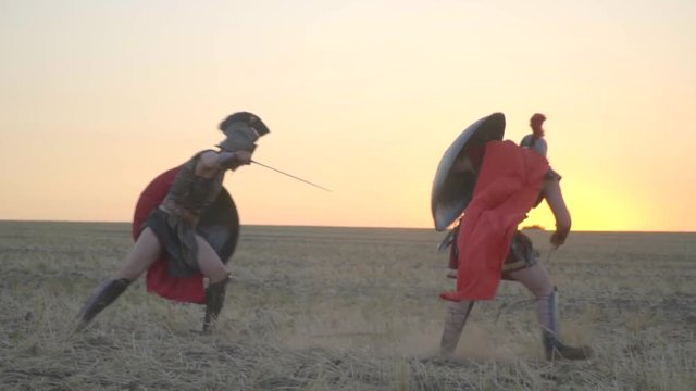Gladiator beautifully beat the shield in a jump, slow motion