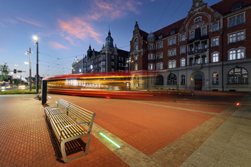 Central part of Katowice, and the tram light trails © velishchuk