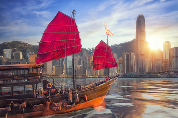 3D illustration of vintage ship sailing to Hong kong harbor