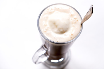 Ice cream coffee and coffee beans on the white background