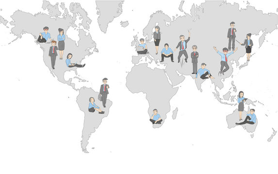 A map of the world on which the little men stand. vector illustration.