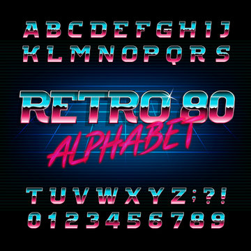80's retro alphabet font. Metallic effect shiny oblique letters and numbers. Vector typography for your design.