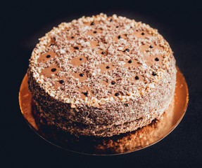 Chocolate cake on dark background.