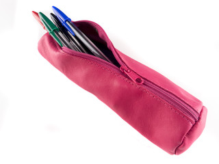 Multicolor ballpoint pens in a pencil case