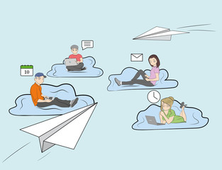 Young people are sitting on the clouds with laptops and gadgets. The concept of communicating in the network and saving data in the cloud. vector illustration.
