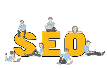 SEO concept vector illustration of people using laptops for developing and optimizing website or mobile app. Flat modern design of young programmers coding a new project and analysing search engine