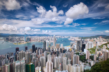 Top view of Hong Kong city, sea, kowloon city and Hongkong harbor from Victoria peak, Hong kong,...