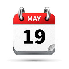 Bright realistic icon of calendar with 19 may date isolated on white