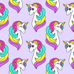 Cute childish seamless pattern with cartoon character of magic unicorn
