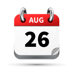 Bright realistic icon of calendar with 26 august date isolated on white