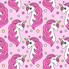 Cute childish seamless pattern with cartoon character of magic unicorn