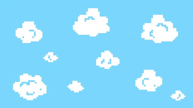 Old School 2D Retro Arcade Video Game Moving Clouds on a Blue Sky. Vintage Computer Background Footage. 4K