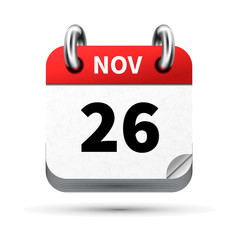 Bright realistic icon of calendar with 26 november date isolated on white