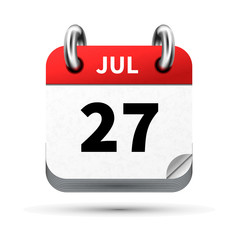 Bright realistic icon of calendar with 27 july date isolated on white