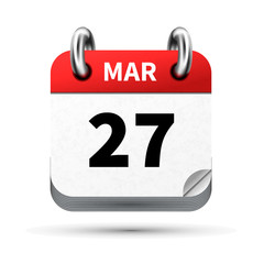 Bright realistic icon of calendar with 27 march date isolated on white