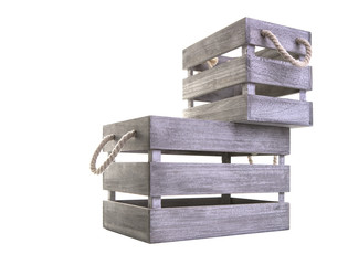 Two Wooden Crates with Rope Handles on a white background with copy-space