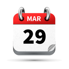 Bright realistic icon of calendar with 29 march date isolated on white