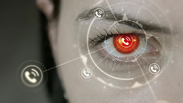 Young cyborg female blinks then phone symbols appears. 4K+ 3D animation concept.