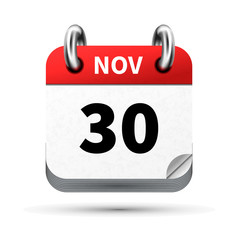 Bright realistic icon of calendar with 30 november date isolated on white