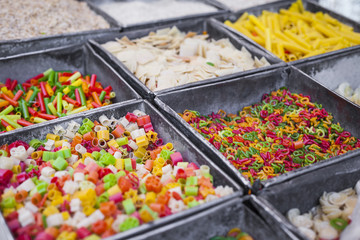 colorful food macaroni pasta background in India market