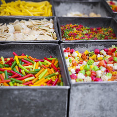 colorful food macaroni pasta background in India market