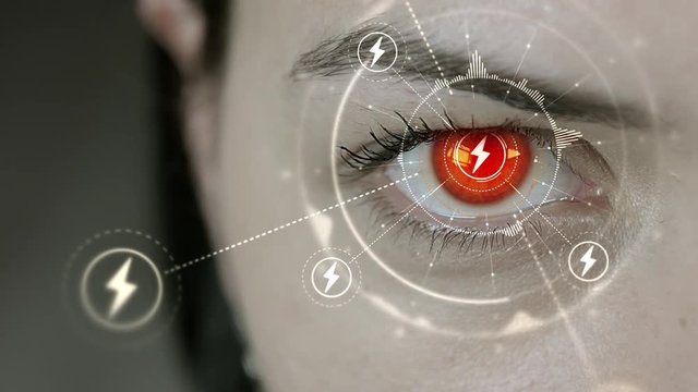 Young cyborg female blinks then thunderbolt symbols appears. 4K+ 3D animation concept.