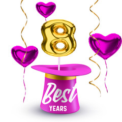 Pink flying hearts and magic hat with golden balloon vector number 8 isolated on white background. Eight-year anniversary poster design concept.