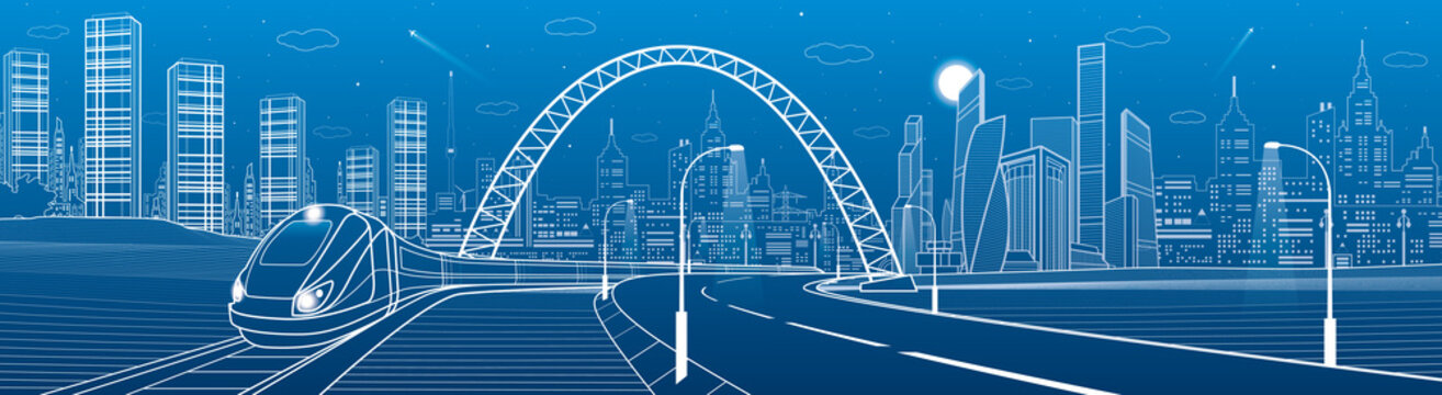 Infrastructure transportation panoramic. Train rides under bridge. Towers and skyscrapers. Urban scene, modern city on background, industrial architecture. White lines, vector design art 