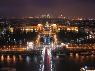 Fototapeta na wymiar Aerial view of Palais de Chaillot palace from Eiffel Tower illuminated at night