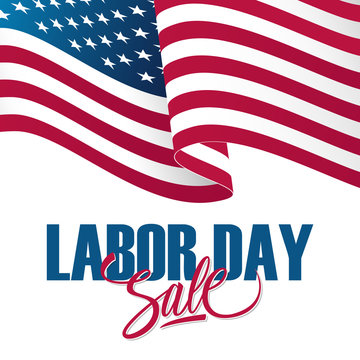 Labor Day Sale banner with waving american national flag. Special offer background for business, promotion and advertising. Vector illustration.