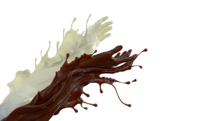 Mixed splash of coffe and milk. Giving hands in liquid sculpture of beverages. 3d illustration isolated on white background