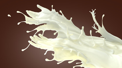 Mixed splash of fat milk. Giving hands in liquid sculpture of beverages. 3d illustration on brown background