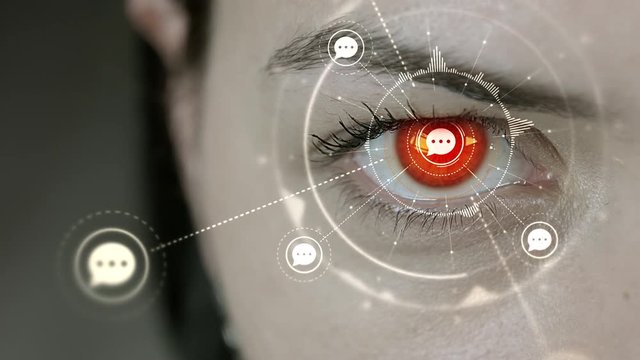 Young cyborg female blinks then chat symbols appears. 4K+ 3D animation concept.