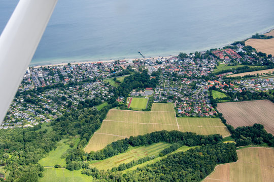 Panorama flight over the north of Germany. Schleswig-Holstein and Fehmarn