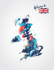Welcome to Great Britain. Colorful Great Britain map with  flag and paint splashes. Vector illustration