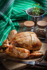 Whole roasted chicken.