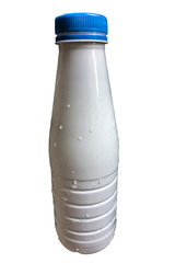 White glossy plastic bottle with screw blue cap for dairy products milk, drink yogurt, cream, dessert